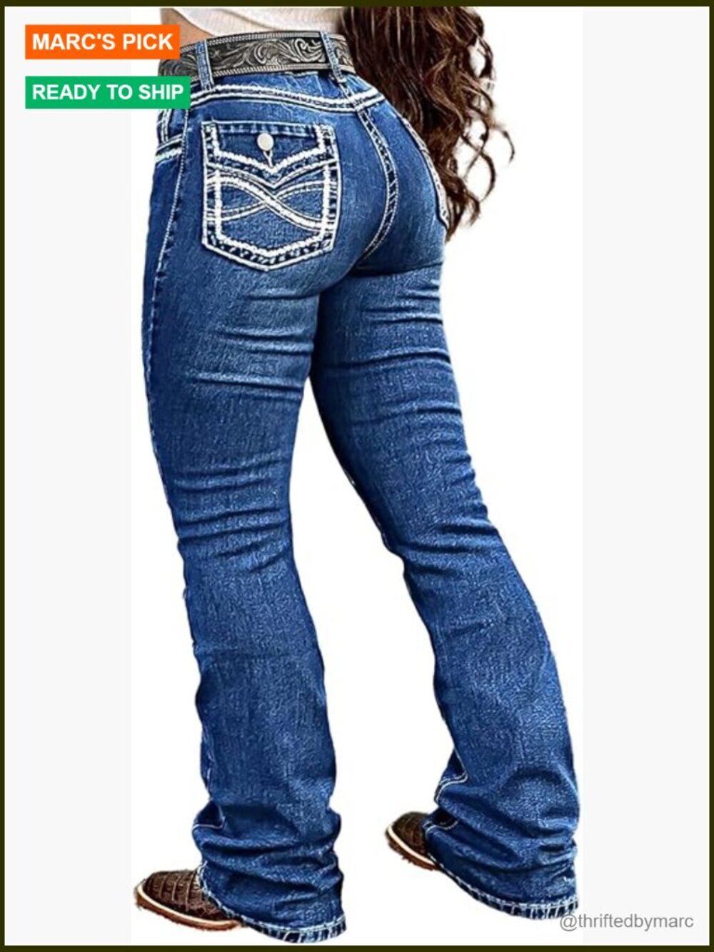 Mid Waist Boot Cut Jeans Tummy Control Stretchy Denim Embroidered Flare
